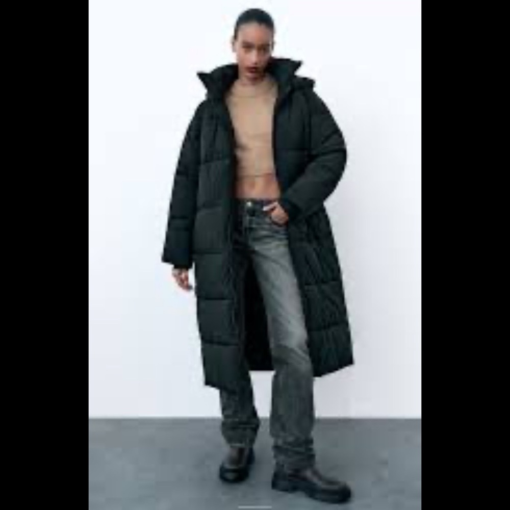 Zara Black Maxi Puffer Coat with High Collar